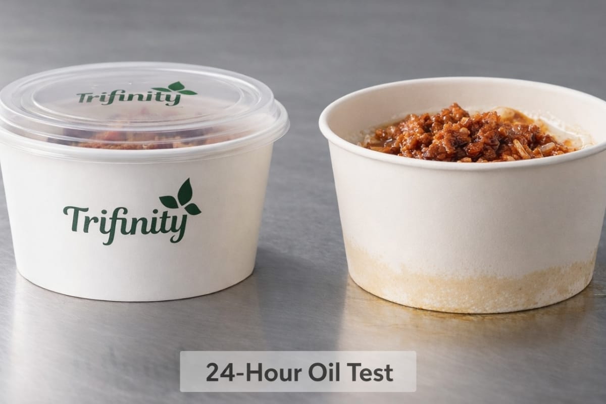 Cari paper bowl anti-bocor? Pilih Trifinity dari PT Triguna Jaya Sentosa! Material Virgin Pulp tebal dengan teknologi Double Coating, tahan kuah panas, dan bersertifikat Halal MUI.